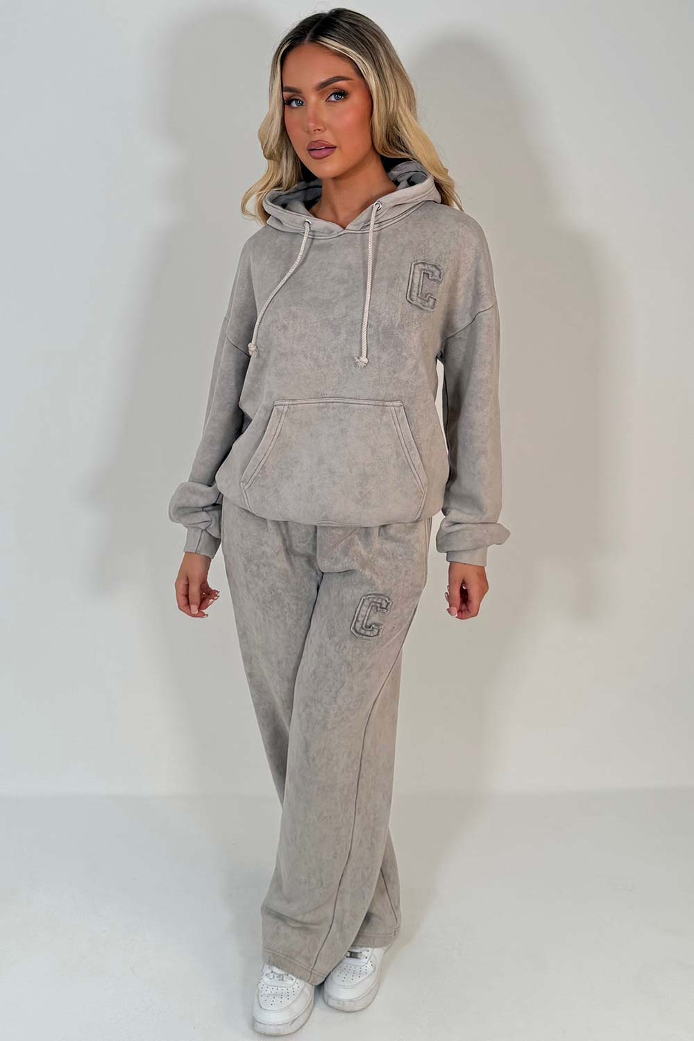 womens acid wash lounge set hoodie and jogger tracksuit with c emblem styledup