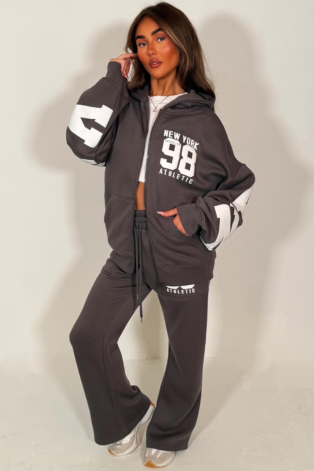 zip up oversized hoodie and wide leg jogger tracksuit new york athletic print womens