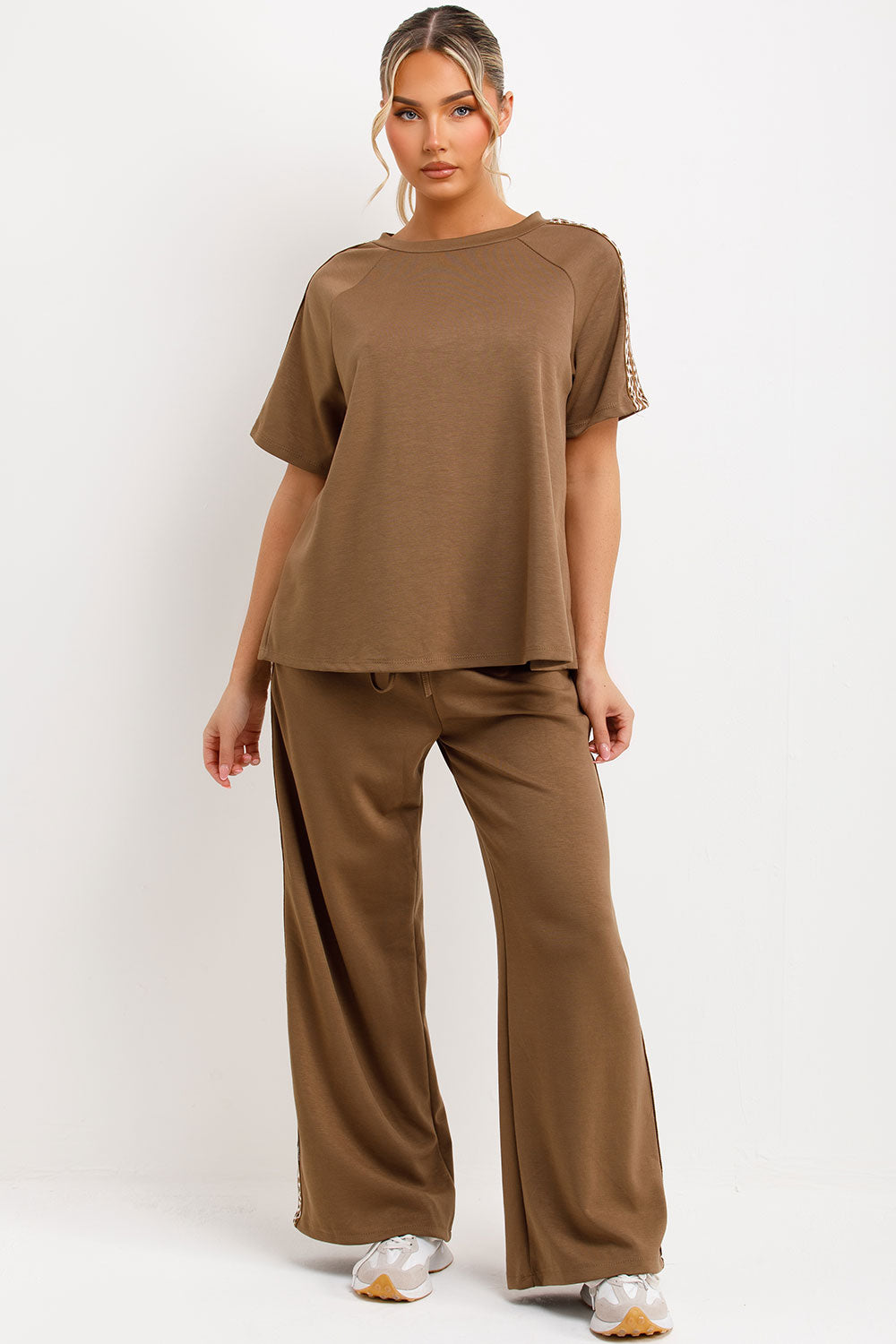 leopard print side stripe top and wide leg trousers loungewear set