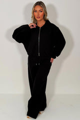 zara womens black soft bomber jacket and joggers tracksuit set airport outfit 