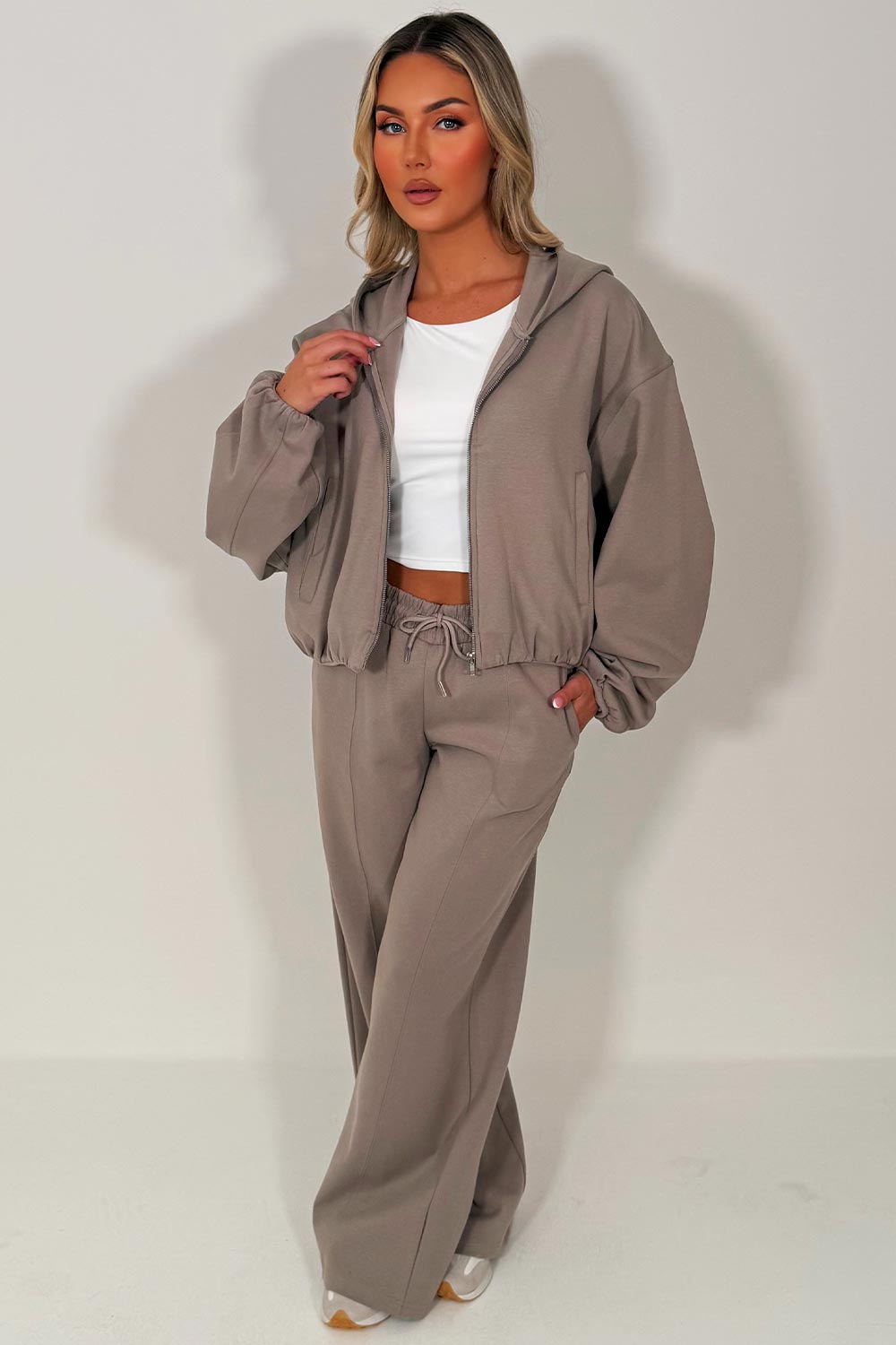 zara womens dove grey soft bomber jacket and joggers tracksuit set airport outfit 