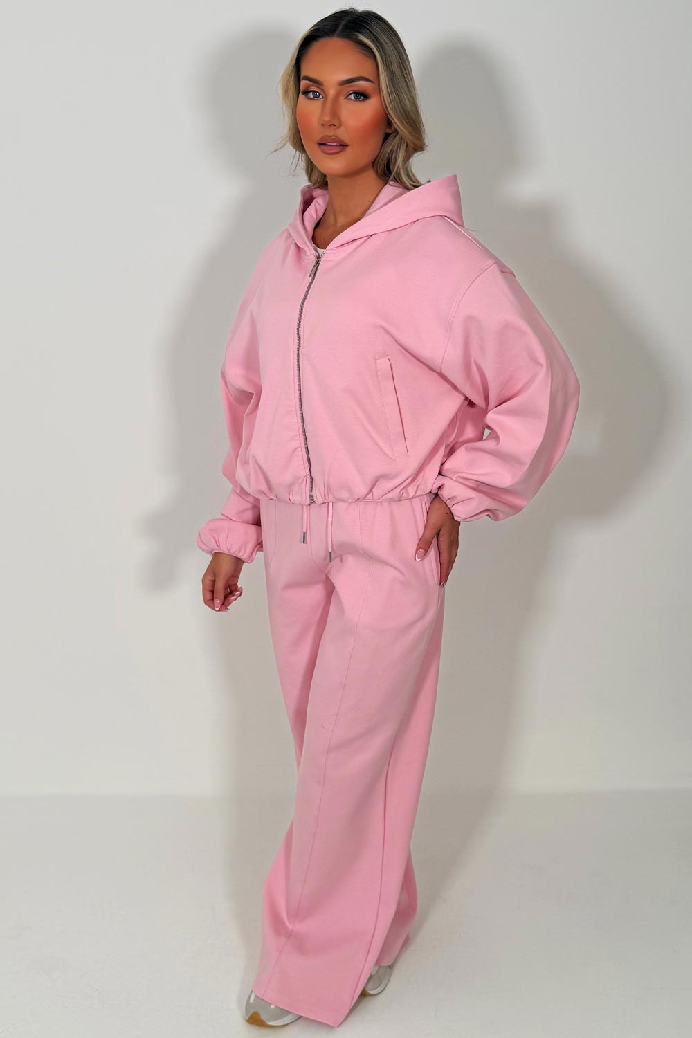 zara womens pink soft bomber jacket and joggers tracksuit set airport outfit 