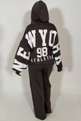 womens new york athletic print zip up hooded sweatshirt and wide leg jogger tracksuit lounge set styledup