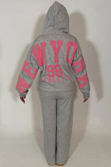 womens new york athletic print zip up hooded sweatshirt and wide leg jogger tracksuit lounge set styledup