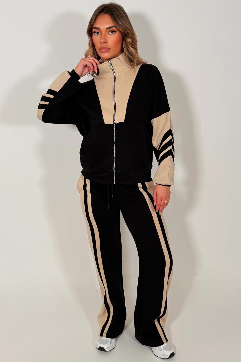 womens tracksuit zip up sweatshirt and wide leg jogger airport outfit really soft cosy premium cotton rich casual outfit from styledup fashion uk