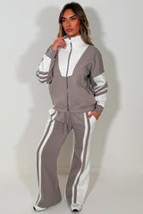 womens tracksuit stripe wide leg jogger & zip up sweatshirt top airport outfit with stripe detail casual outfit