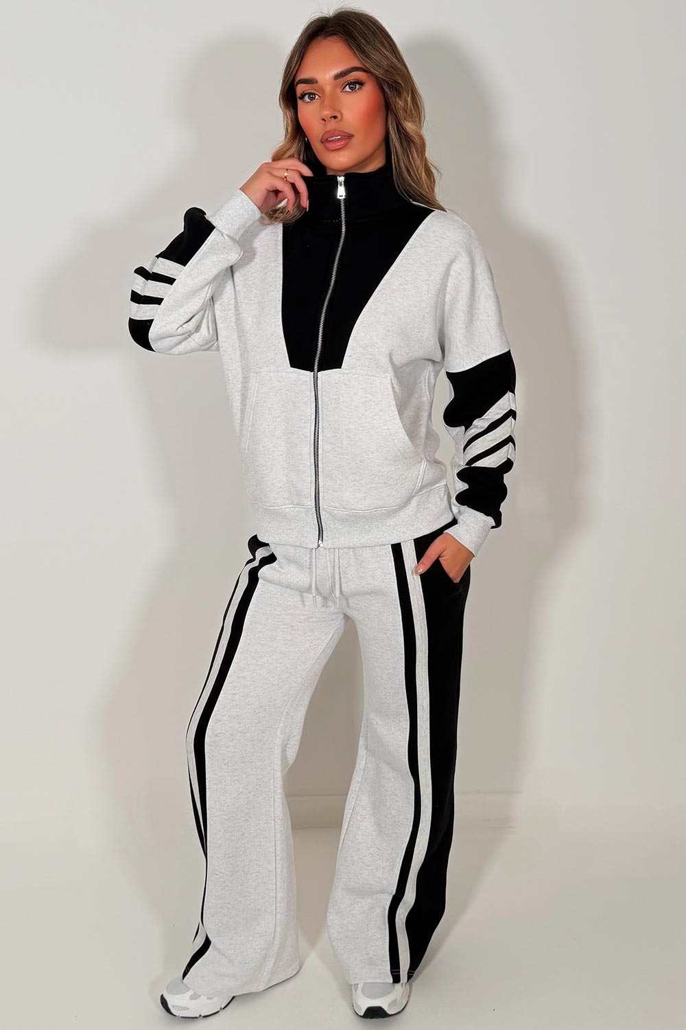womens tracksuit stripe wide leg jogger & zip up sweatshirt top airport outfit with stripe detail casual outfit