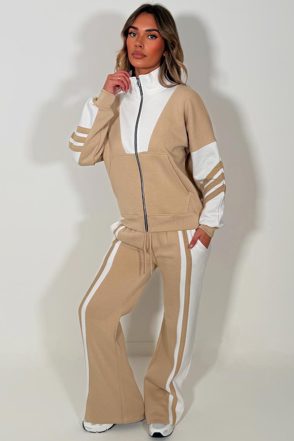 womens tracksuit stripe wide leg jogger & zip up sweatshirt top airport outfit with stripe detail casual outfit