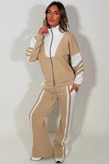 womens tracksuit stripe wide leg jogger & zip up sweatshirt top airport outfit with stripe detail casual outfit
