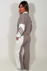 womens black tracksuit zip up sweatshirt top & wide leg jogger airport outfit with stripe detail