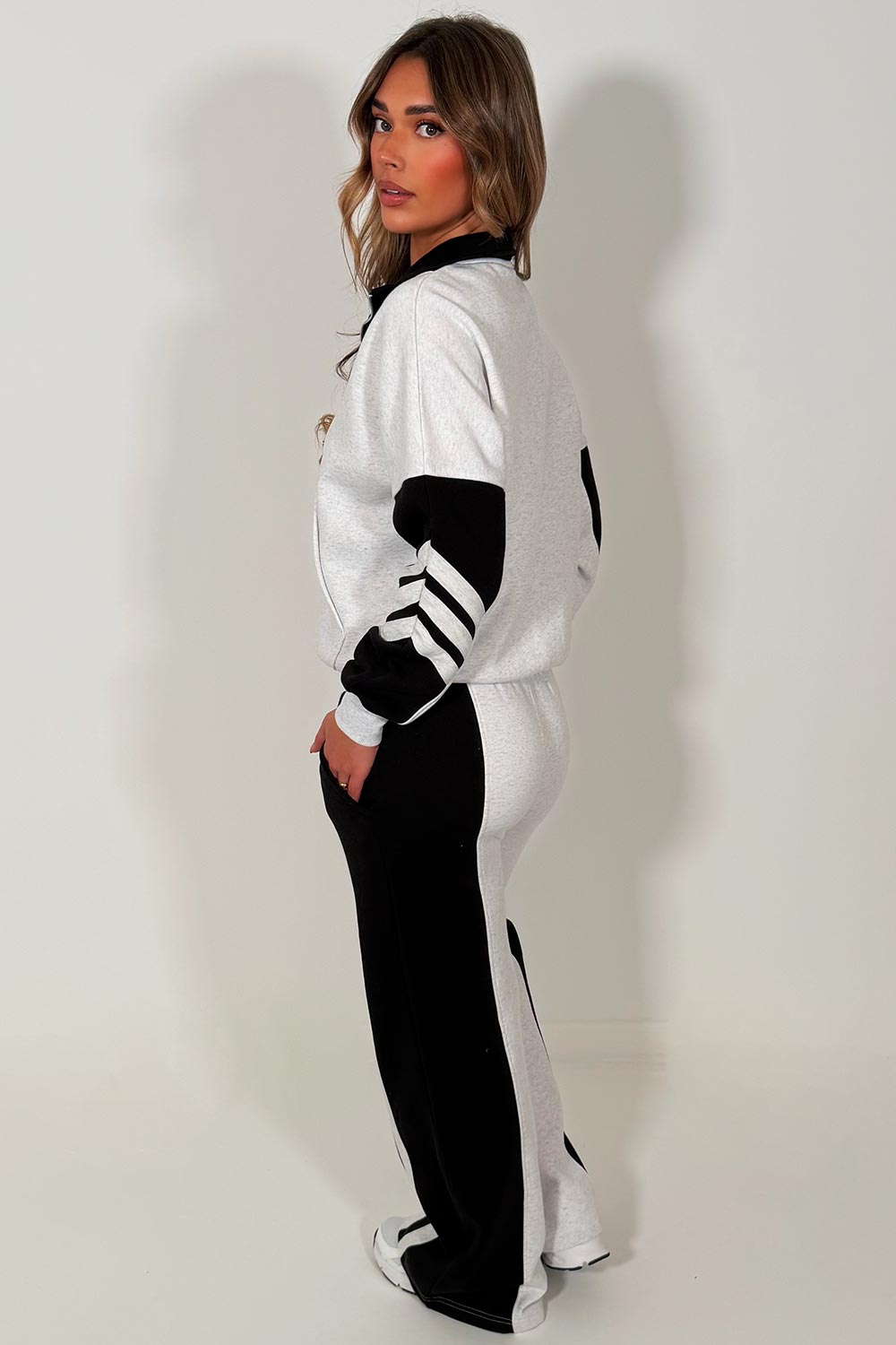 womens grey marl tracksuit zip up sweatshirt top & wide leg jogger airport outfit with stripe detail