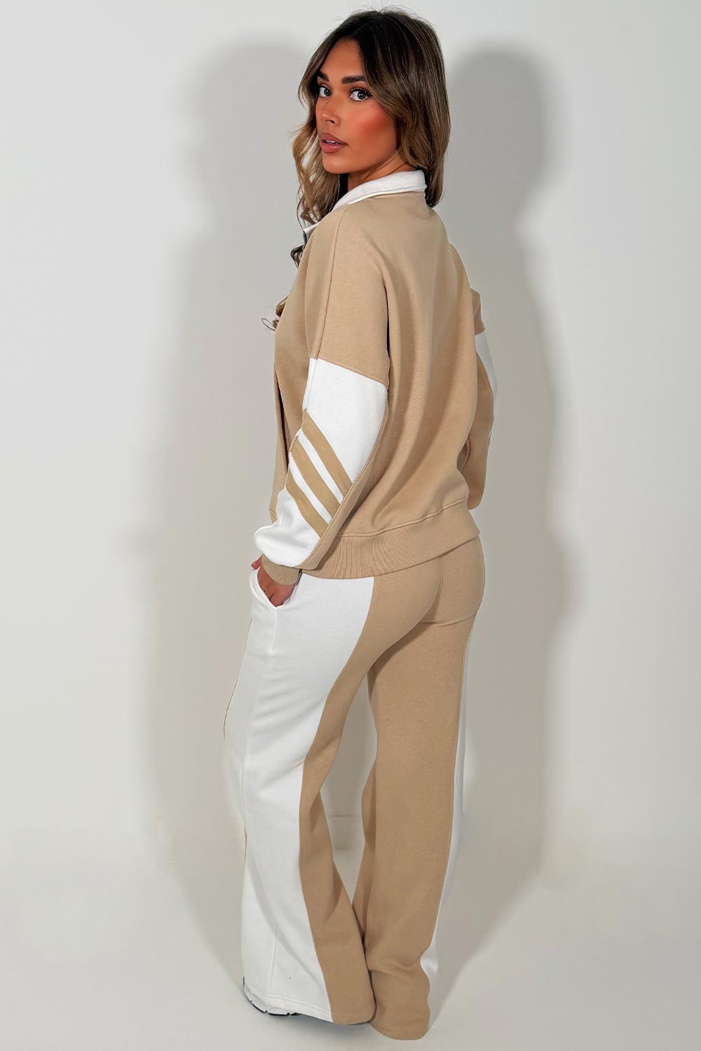 womens black tracksuit zip up sweatshirt top & wide leg jogger airport outfit with stripe detail