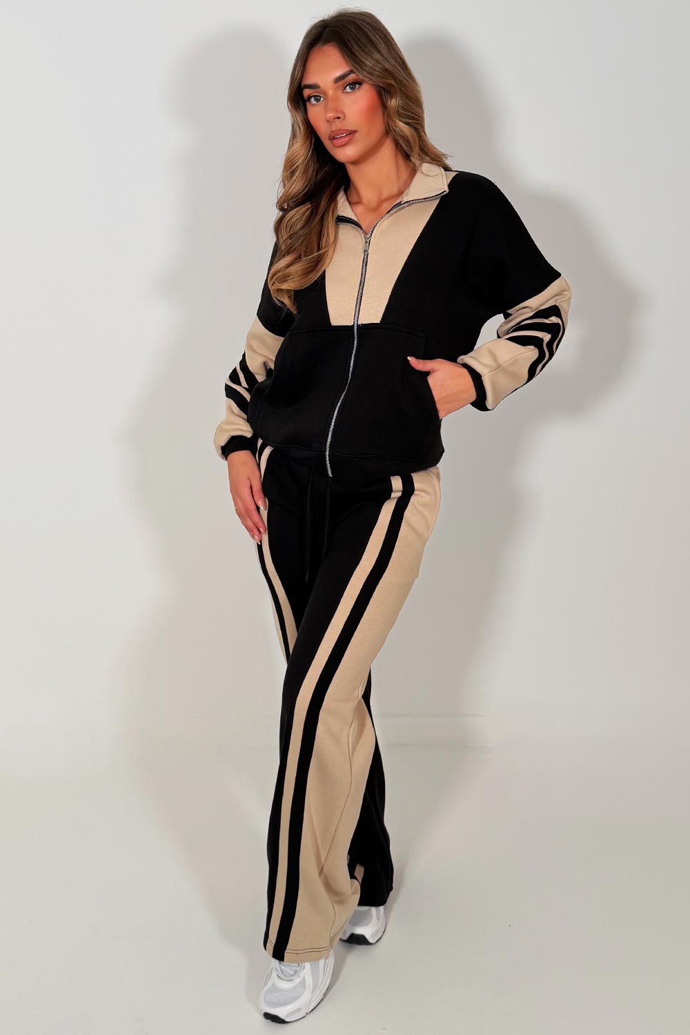 womens tracksuit stripe wide leg jogger & zip up sweatshirt top airport outfit with stripe detail casual outfit