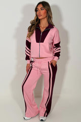 womens tracksuit zip up sweatshirt top & wide leg jogger airport outfit with stripe detail