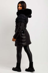 womens puffer coat with faux fur hood and belt