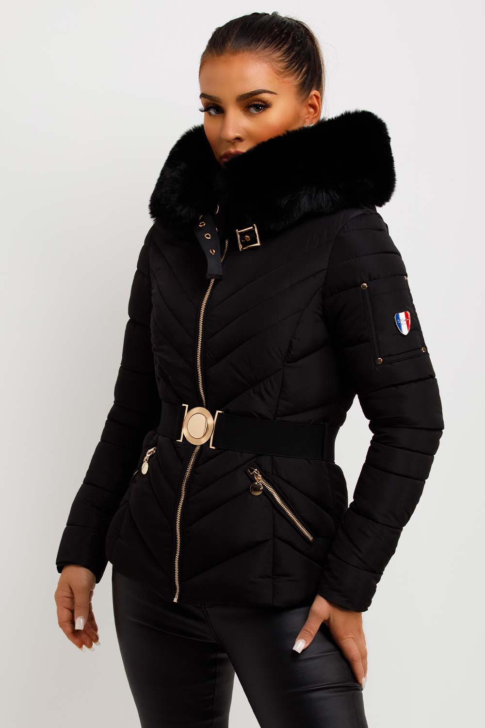faux fur trim puffer hooded down jacket with belt