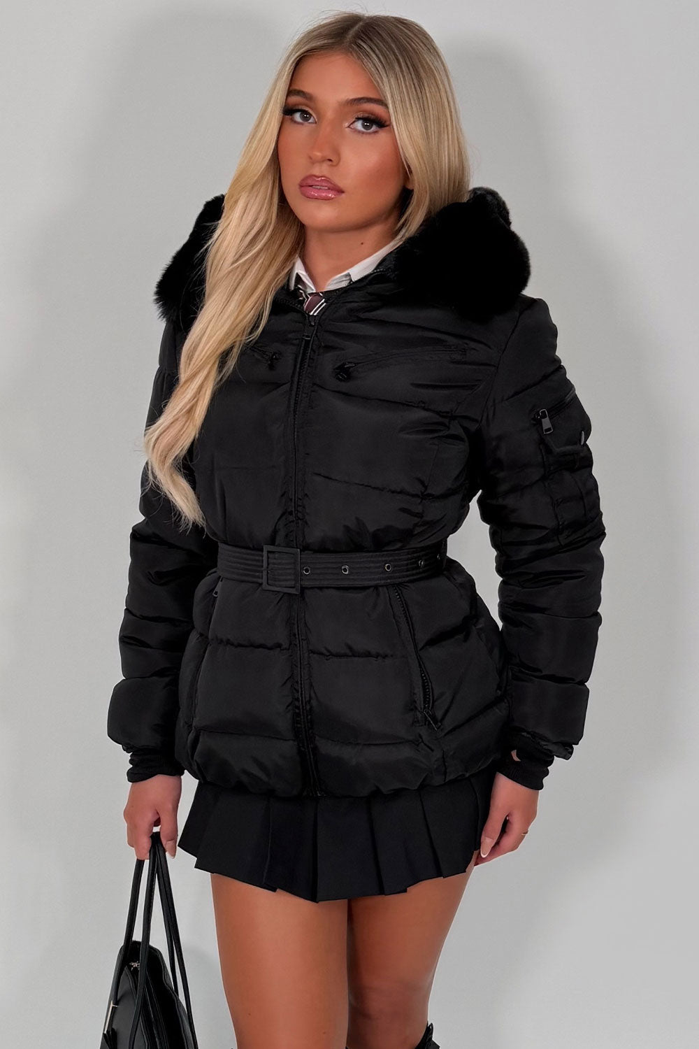 black faux fur hood puffer jacket back to school outerwear womens uk