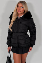 black faux fur hood puffer jacket back to school outerwear womens uk
