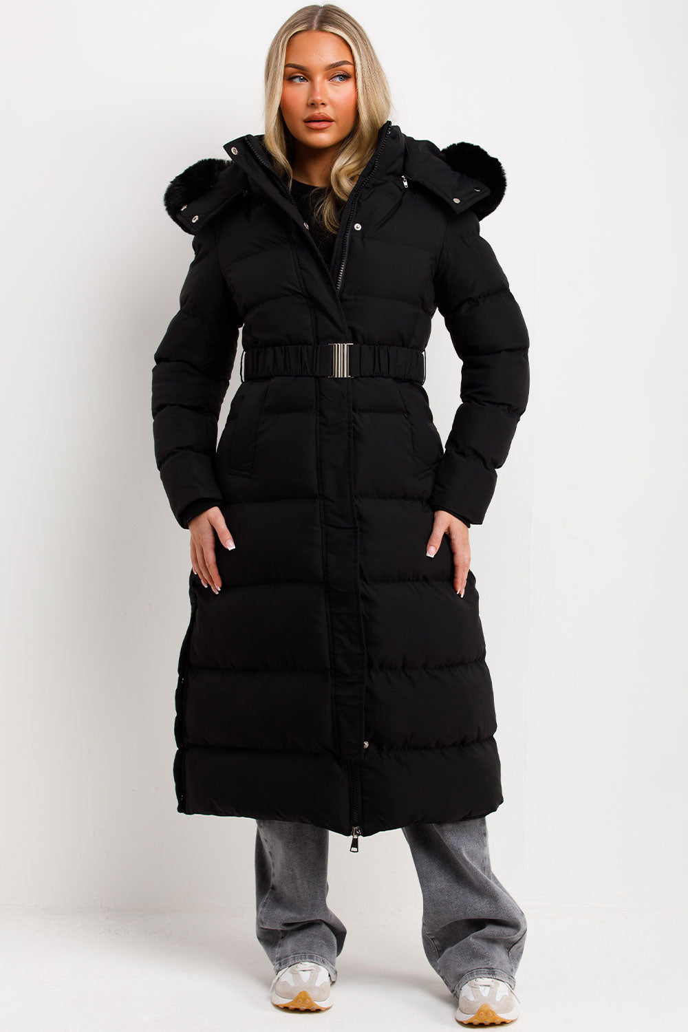 long puffer padded coat with belt and fur hood for womens winter outerwear premium quality styledup