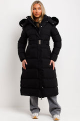 long puffer padded coat with belt and fur hood for womens winter outerwear premium quality styledup
