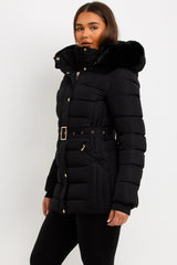 winter coat for womens with belt and fur hood styledup 
