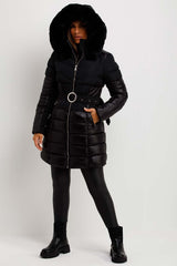 womens faux fur hood padded puffer coat with belt