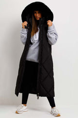 womens puffer gilet with zip pockets and fur hood black