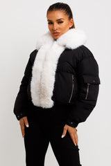womens white fur trim and collar puffer crop jacket