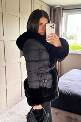 fur trim hooded down jacket black