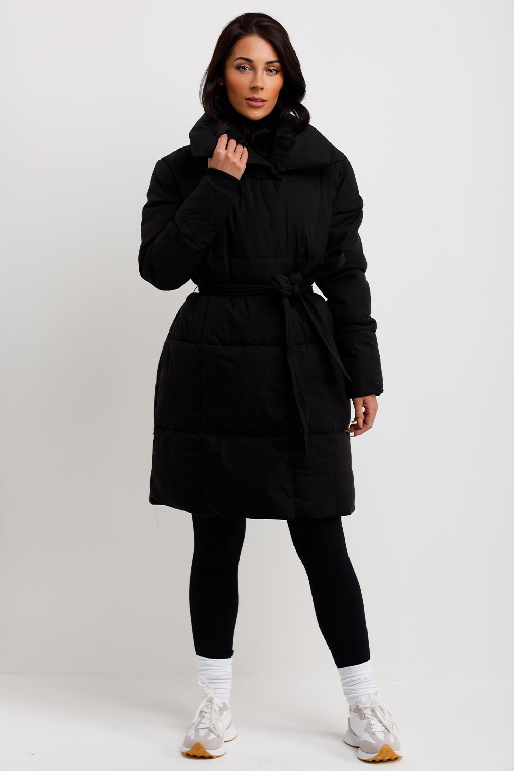 womens black padded puffer duvet coat with belt