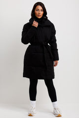 womens black padded puffer duvet coat with belt