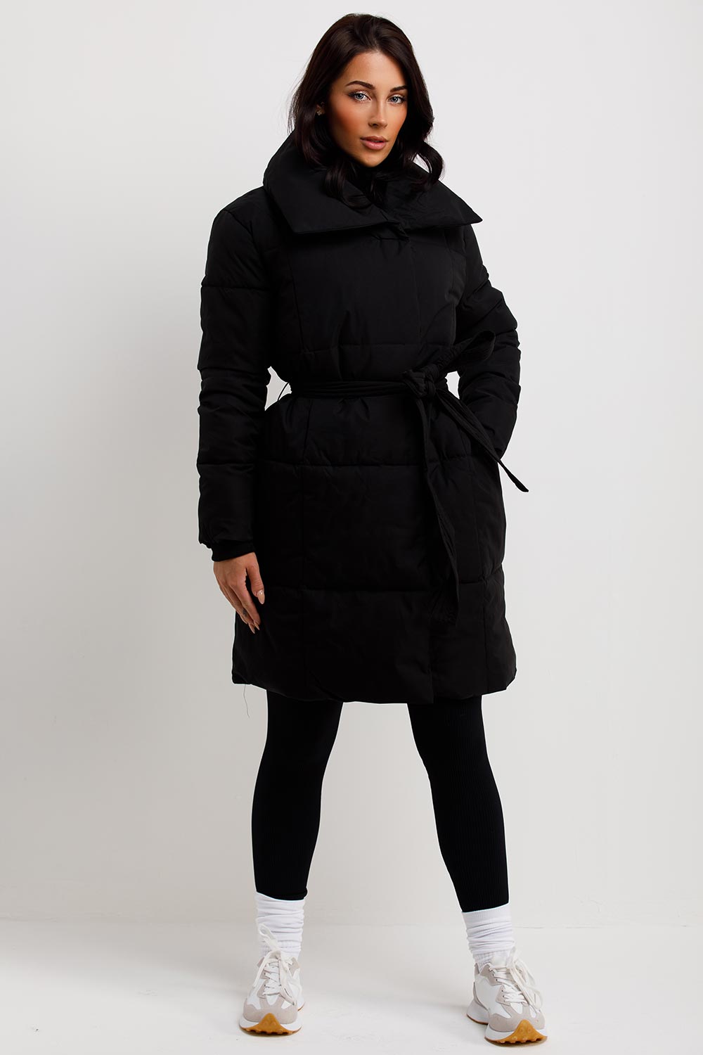 womens black duvet coat with belt