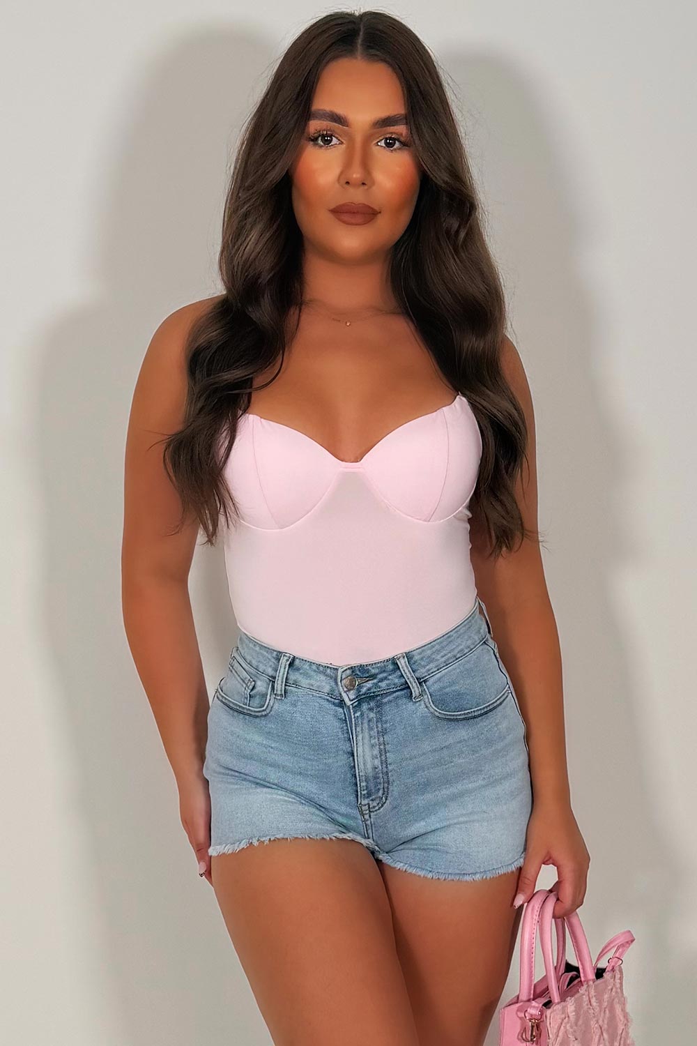 pink cupped corset top with adjustable cami straps styledup