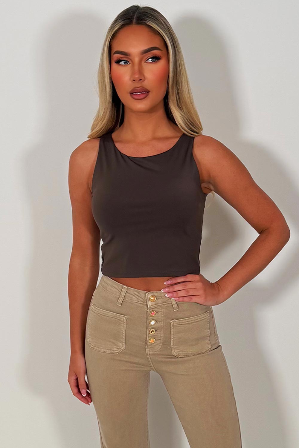 brown double layered crop top styledup fashion uk