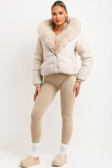 fur hood and trim padded puffer bomber jacket womens