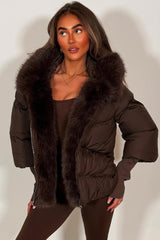 faux fur hood padded puffer jacket with fur trim styledup 