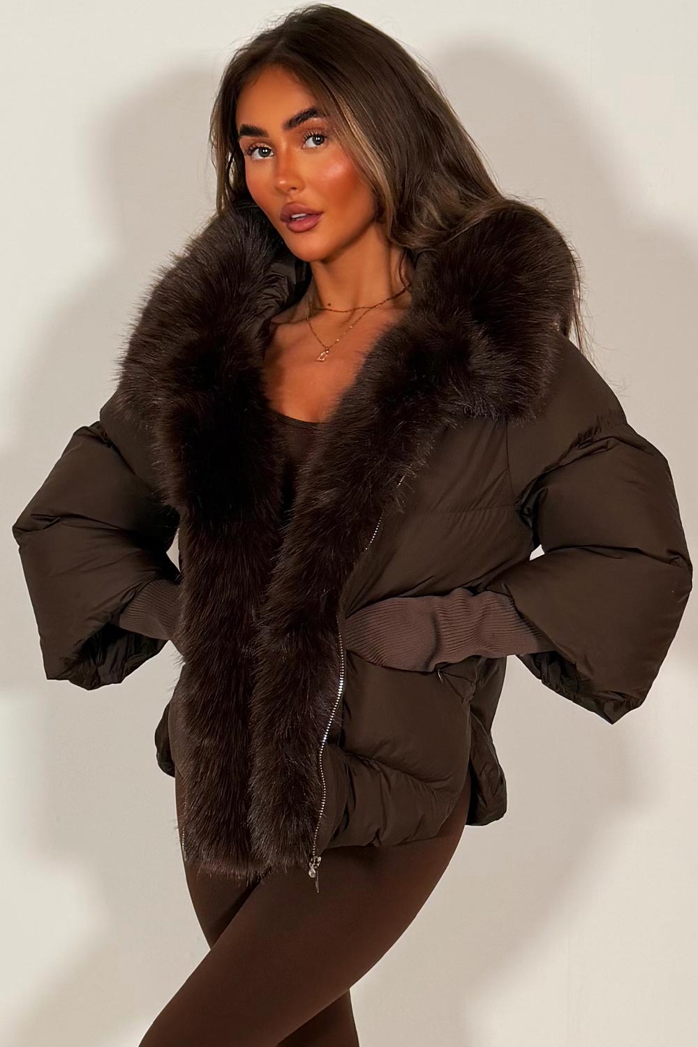 womens fur hood puffer padded winter jacket with fur trim on the front styledup 