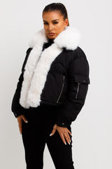 womens black puffer jacket with fur trim