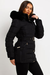 womens padded puffer coat with belt and fur hood styledup
