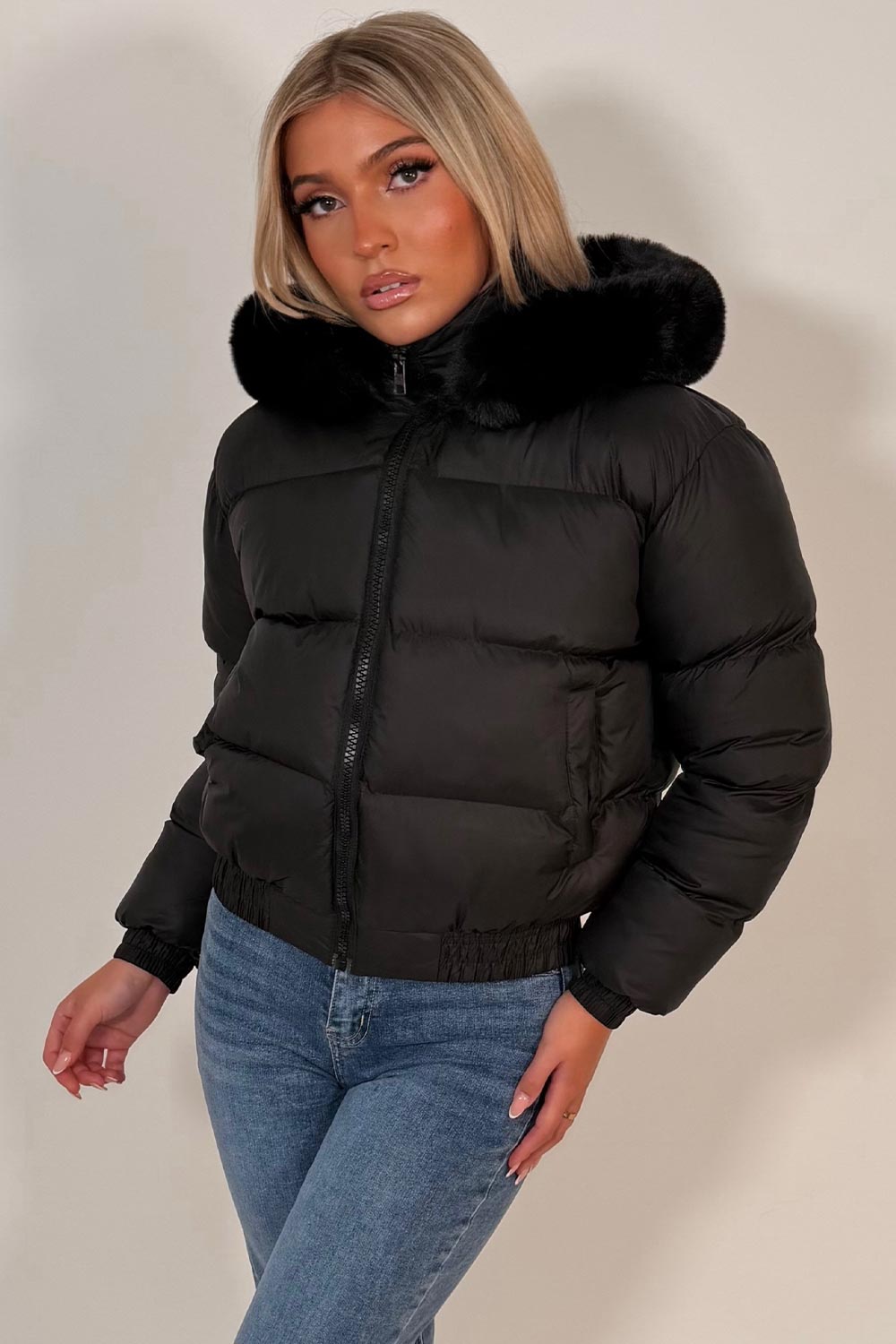 womens black faux fur hood padded puffer winter jacket styledup uk