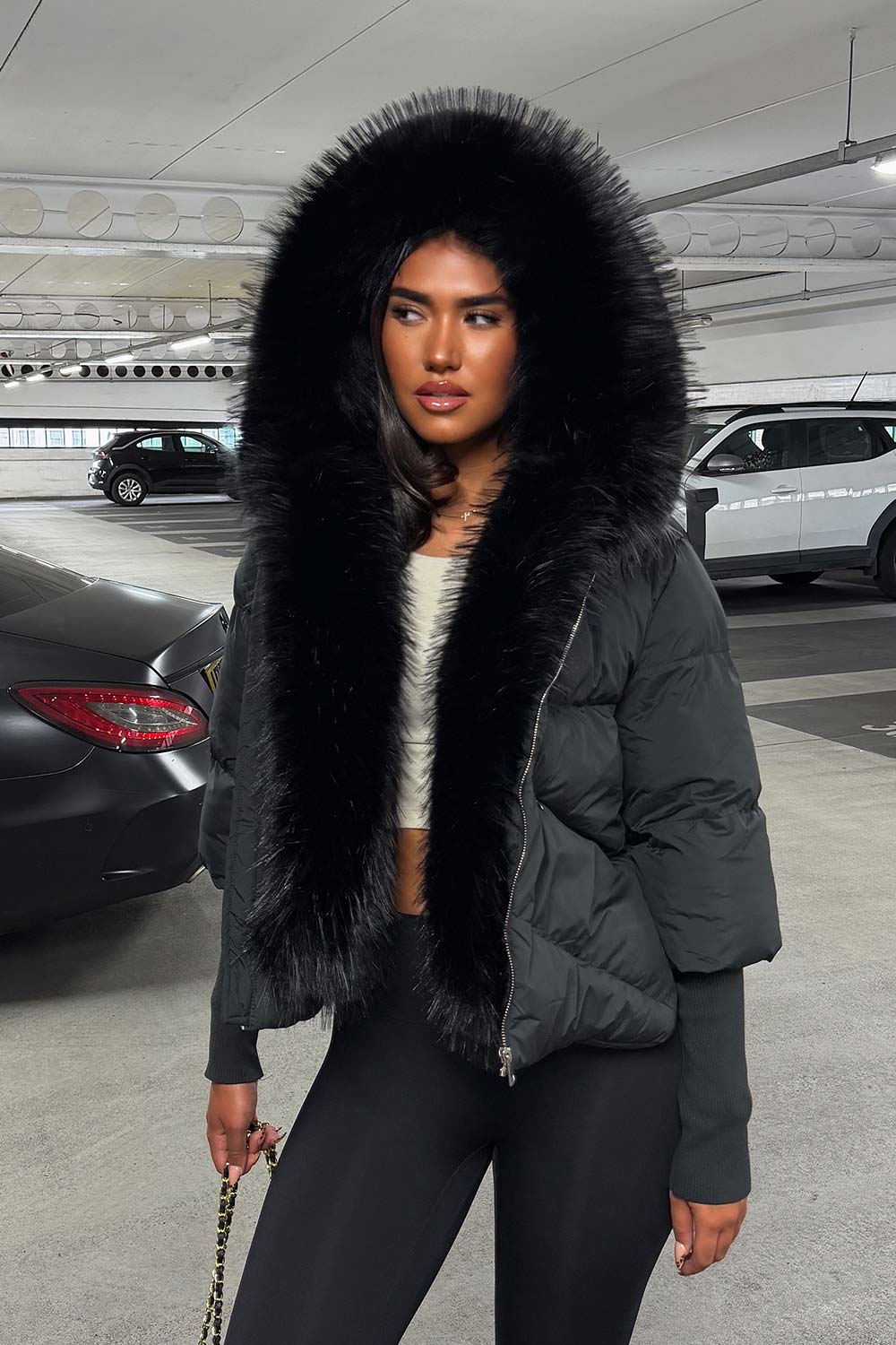 womens winter puffer jacket with faux fur hood styledup uk
