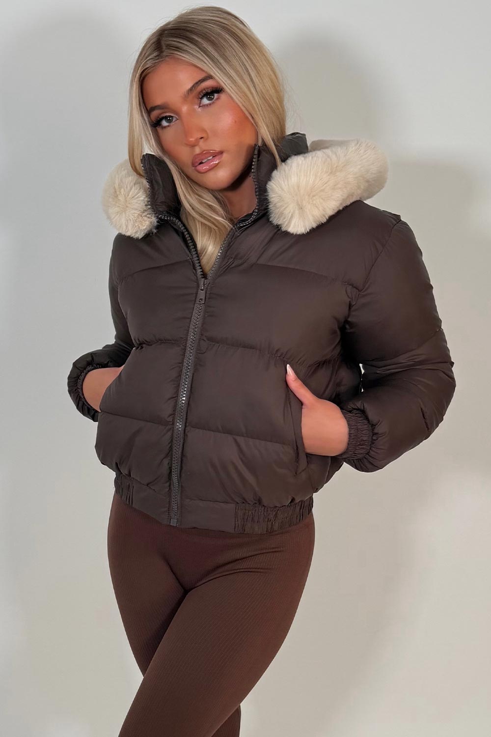 womens winter jacket with faux fur hood brown styledup uk