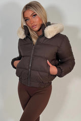 womens winter jacket with faux fur hood brown styledup uk