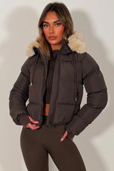 womens padded puffer jacket with fur hood brown styledup