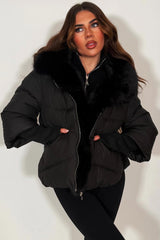 faux fur hood faux fur trim puffer padded jacket with hood womens winter outerwear styledup