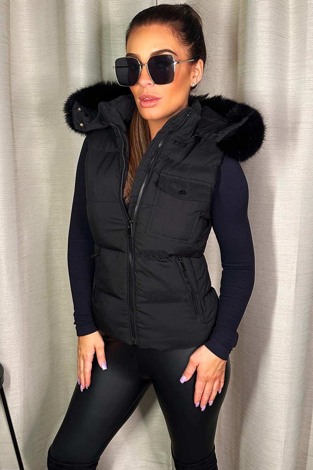 womens padded puffer faux fur hooded gilet