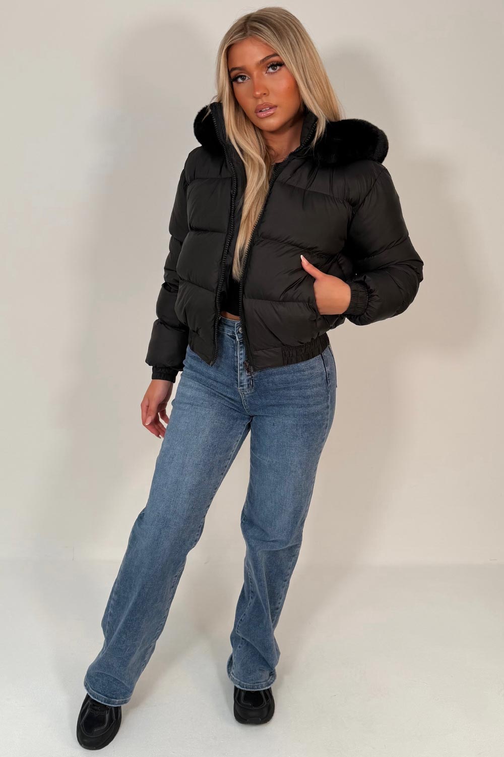 womens puffer padded winter jacket with fur hood styledup uk