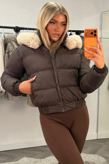 womens puffer padded winter jacket with fur hood styledup uk