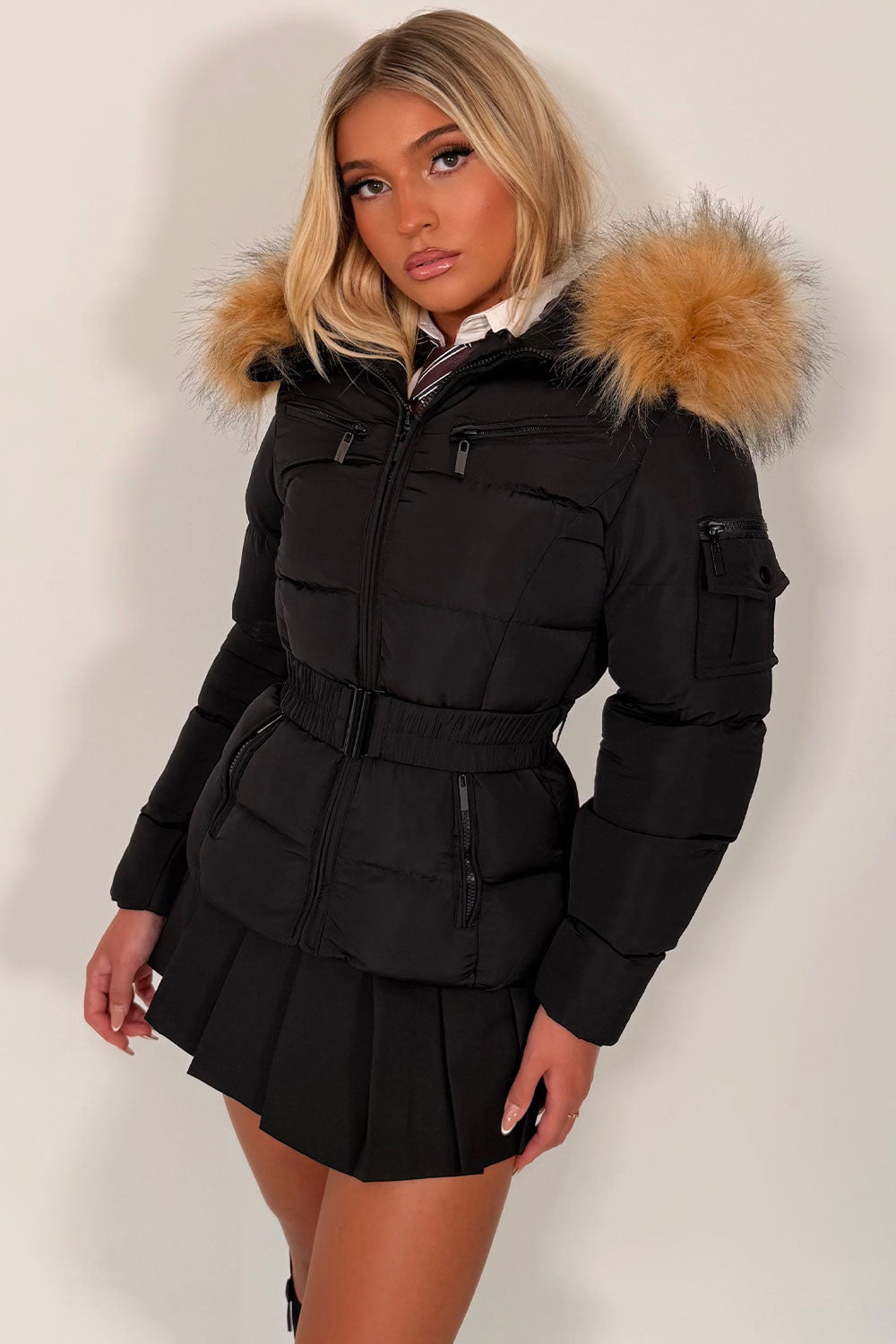 fur hood puffer jacket with belt styledup uk