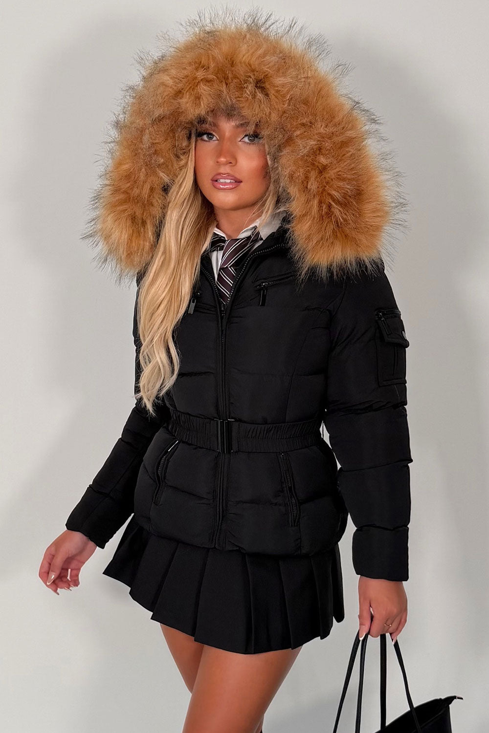 womens black puffer jacket with faux fur hood best winter jacket uk styledup 